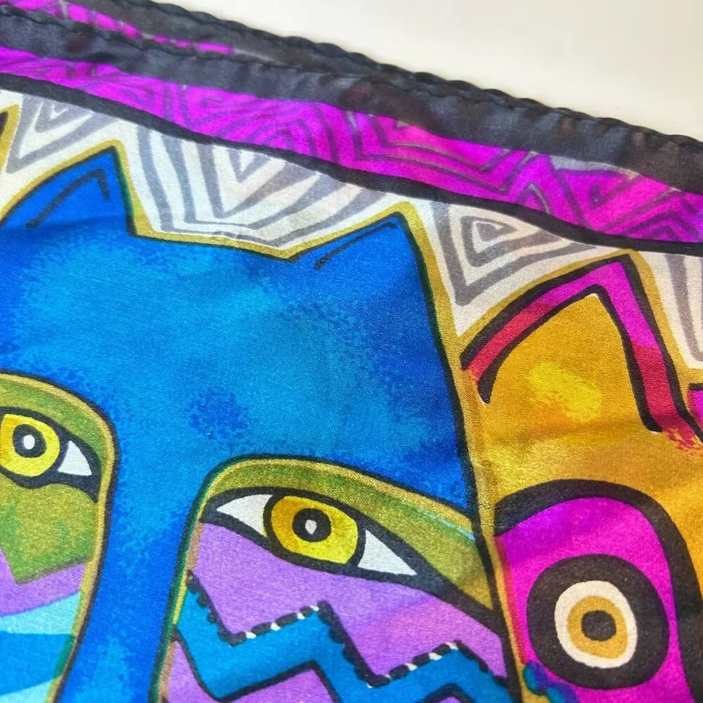Laurel Burch Vibrant Multicolor Abstract Cat Print 100% Silk Rectangle Scarf